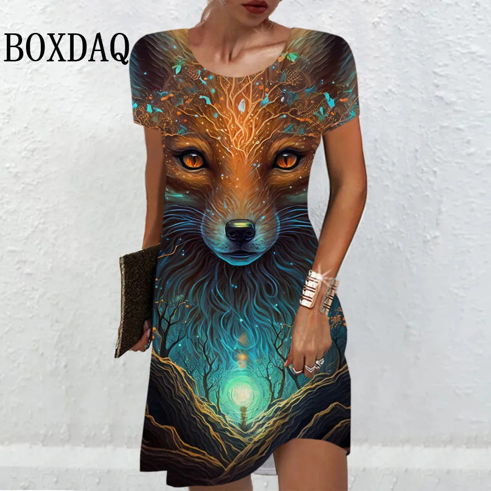 

Wolf Dress 3d Digital Animal Print Graphic Women Causal Street Dress Short Sleeve Fashion Summer Pullover Dress Women's Clothing