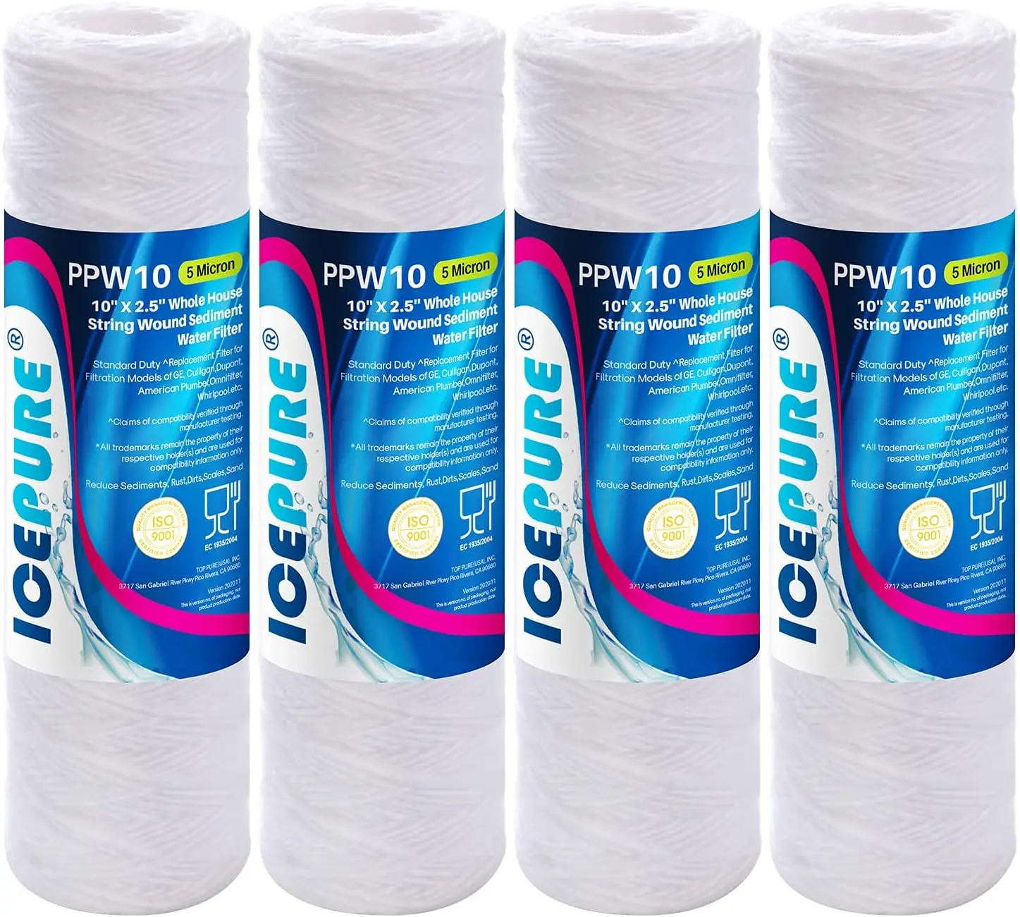 

5 Micron 10" x 2.5" String Wound Sediment Water Filter Cartridge, Universal Replacement for 10 Inch RO Units, 4-Pack