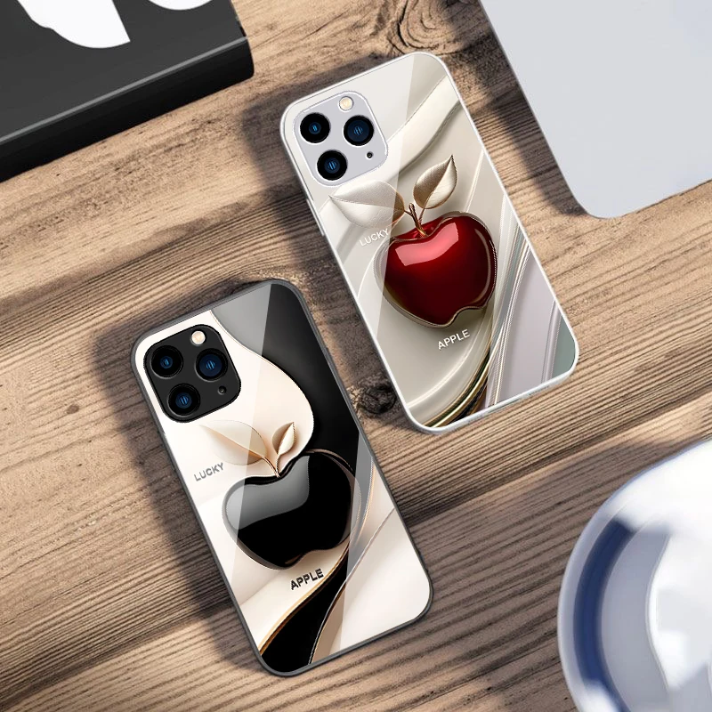 Happy Black Apple For IPhone 16e 16 E  16ProMax 15 Pro Max 14 13 12 Mini 11 XS Max XR 7 8 Plu SE 2022 Tempered Glass Phone Case