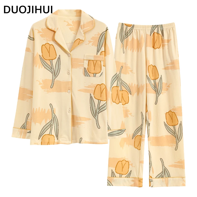 DUOJIHUO-Pijama informal con estampado Floral para mujer, conjunto de ropa de dormir suave con almohadilla en el pecho, cárdigan, pantalón suelto, Simple, otoño