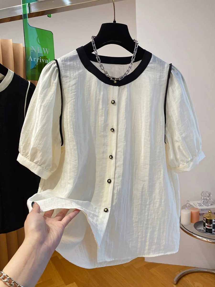 

2025 New Korean Design Loose Casual round Ne Silk irt Women ort Sve Summer Thin Top Commute Sle Pure Color