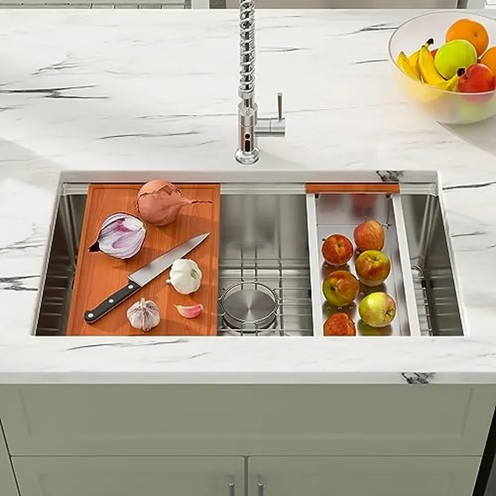 Évier de cuisine en acier inoxydable 30 pouces, poste de travail, grand bol simple sous le comptoir, calibre 16, 304 SS, accessoires d'angle rond inclus