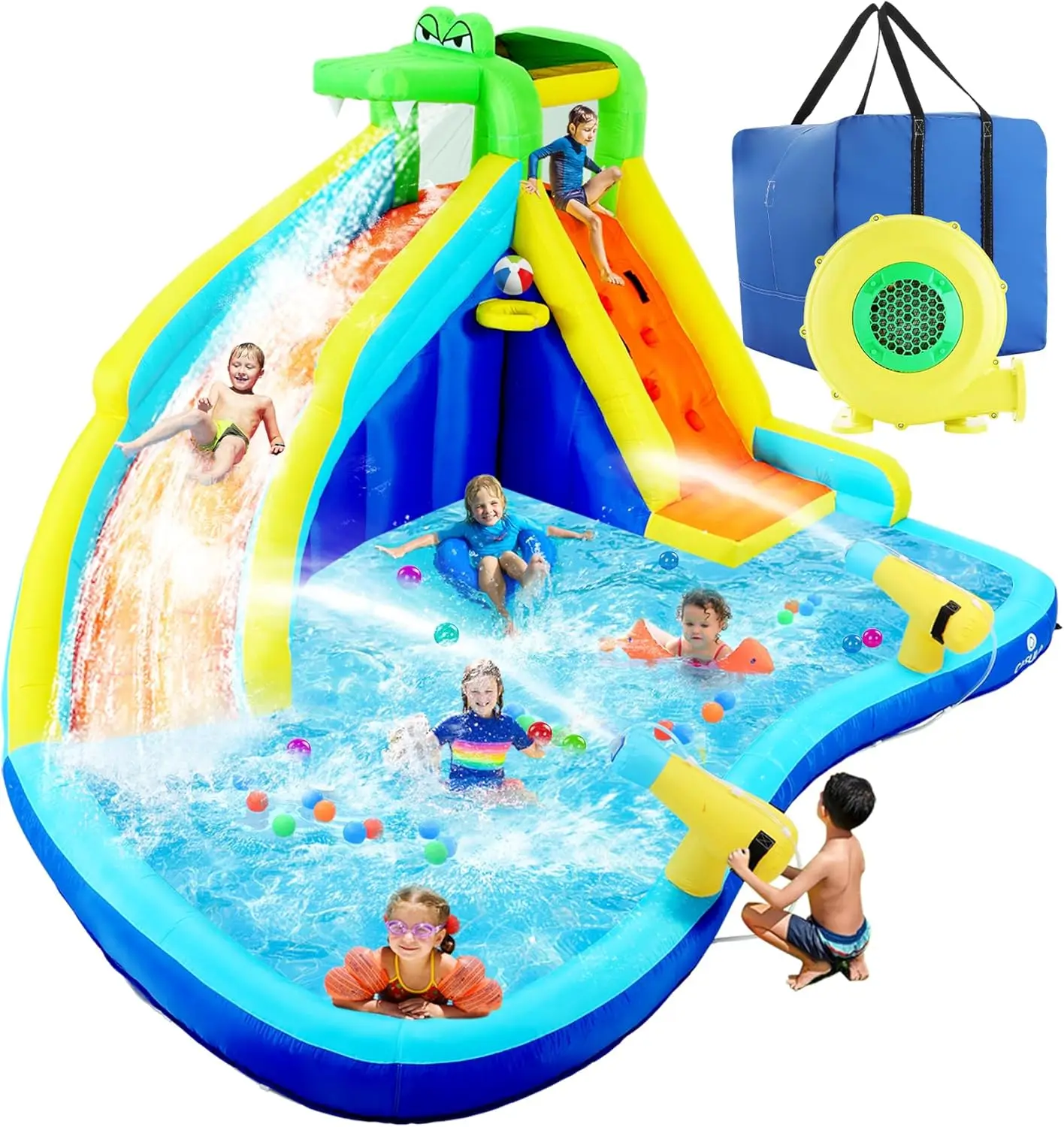 Water Slides for Kids 8-in-1 Bounce House Water Park with 450W Blower Climbing Wall, Splash Pool, 2 Water Cannons, Basketball Ho