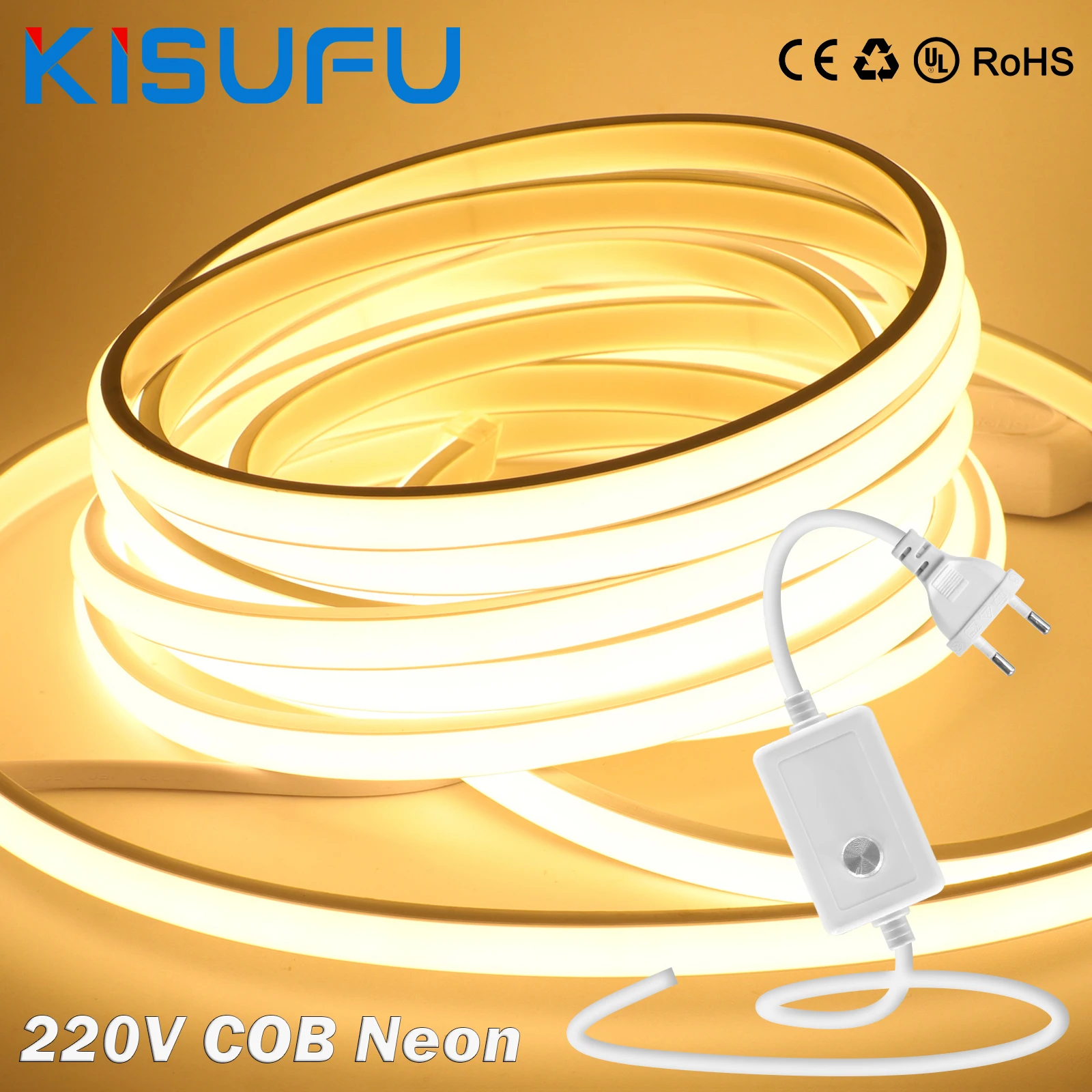 220v cob neon led luz de tira à prova dwaterproof água com dimmer/interruptor plug 288leds/m alta densidade flexível fita de néon iluminação linear 1-50m