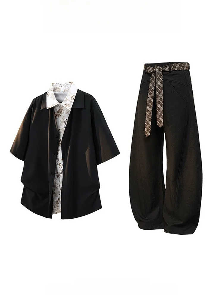 Wassup Deion New Chinese Style Luxury Fake Two-Piece Shirt Wide Leg Pants Set Men's Summer Trendy Two-Piece Set Casual Sports...