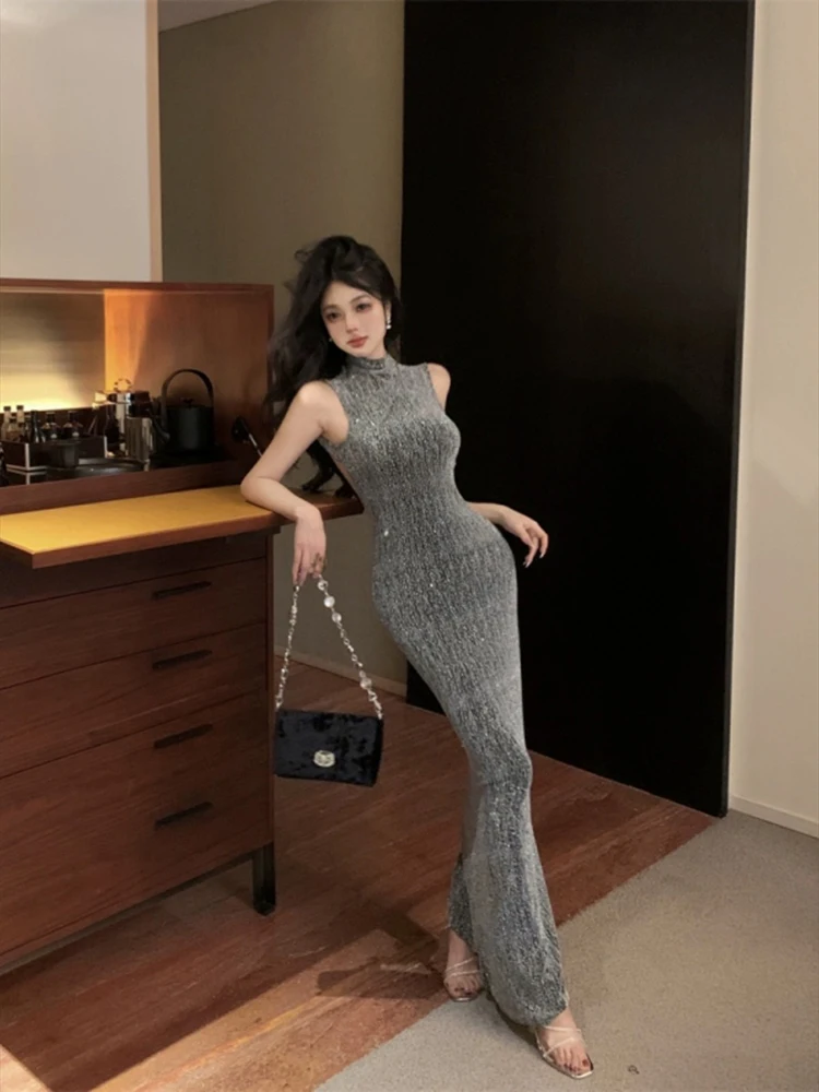 Sexy Backless Floor-Length Party Club Dress Women Summer Sleeveless Off Shoulder Dress Patchwork Zipper Button New Slim Dresses