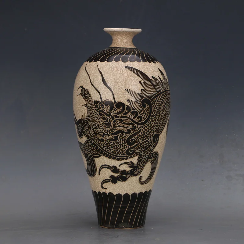 

White Glazed Hand-painted Dragon Patterned Plum Vase Cizhou Kiln Of The Song Dynasty Antique Porcelain Home Collection