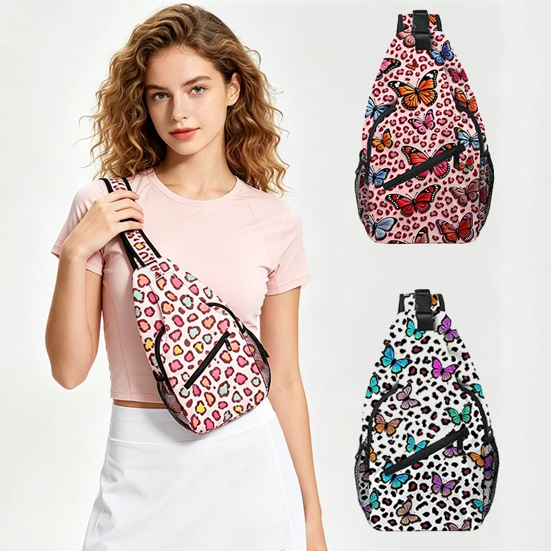 Cute Colorful Leopard Butterfly Crossbody Bags Running Fanny Pack with Mesh Side Pocket Teenager Casual Travel Outdoor Chest Bag