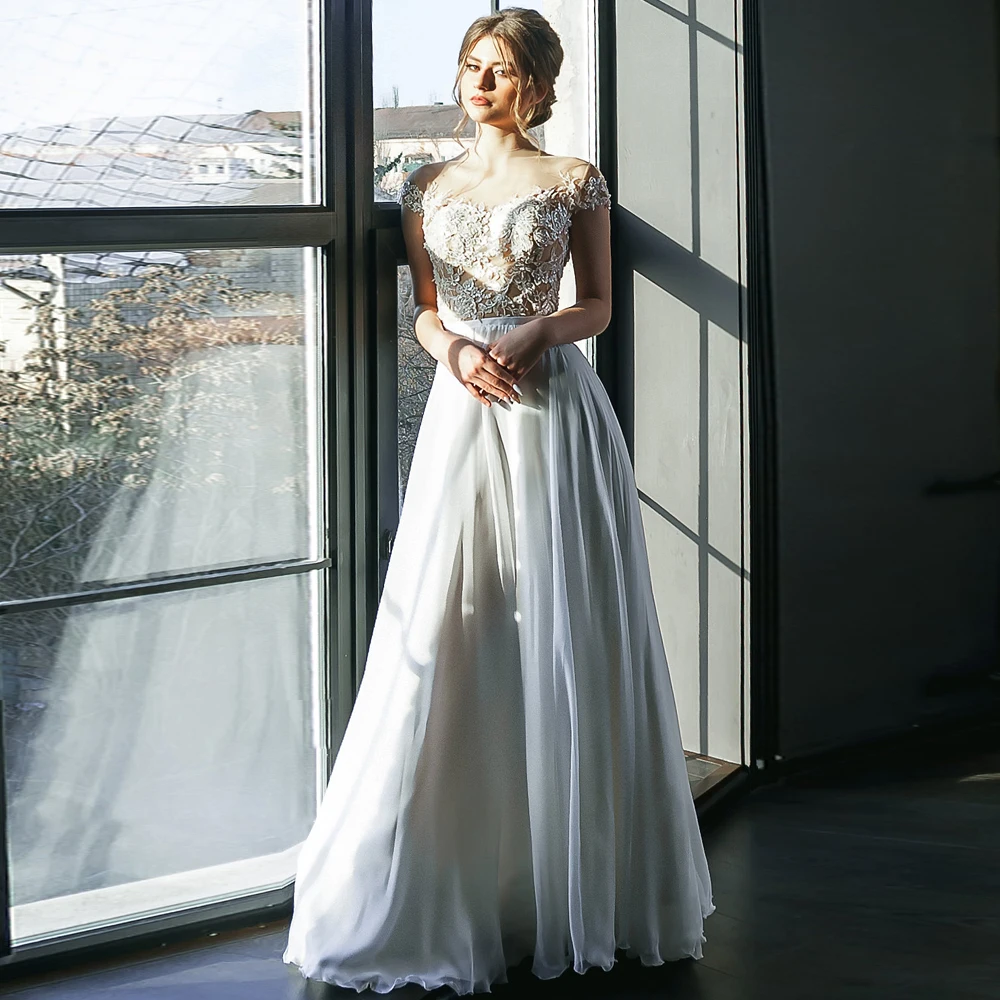 

Elegant Off The Shoulder Wedding Dresses O Neck Applique Bridal Grown Short Sleeves Illusion Chiffon A Line Vestidos De Novia