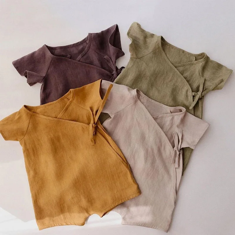 

Baby Cotton Linen Bodysuit Summer Children Solid Short Sleeves Romper Kids Boys Girls Casual Clothing 0-3Y