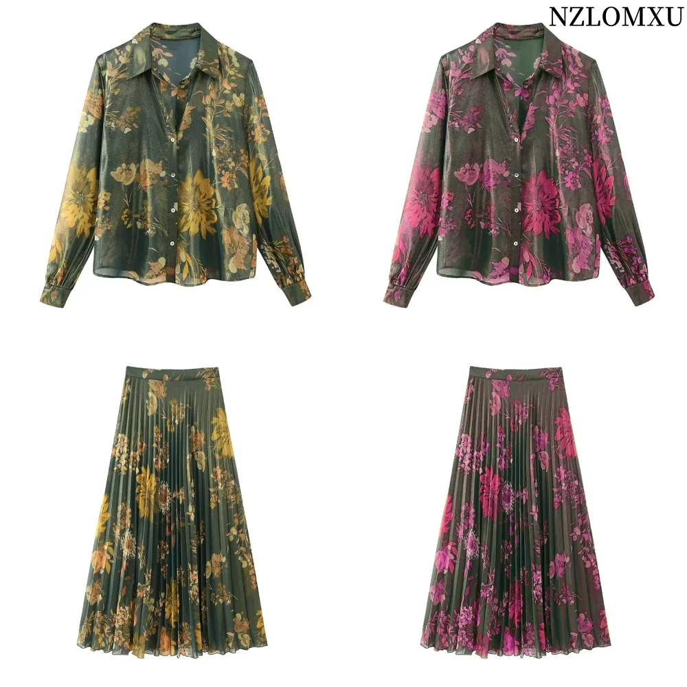 2024 Autumn Printed Women Pleated Midi Skirt Sets For Women Long Sleeve Shirts Tops Women Suits New 2 Piece Women Outfit