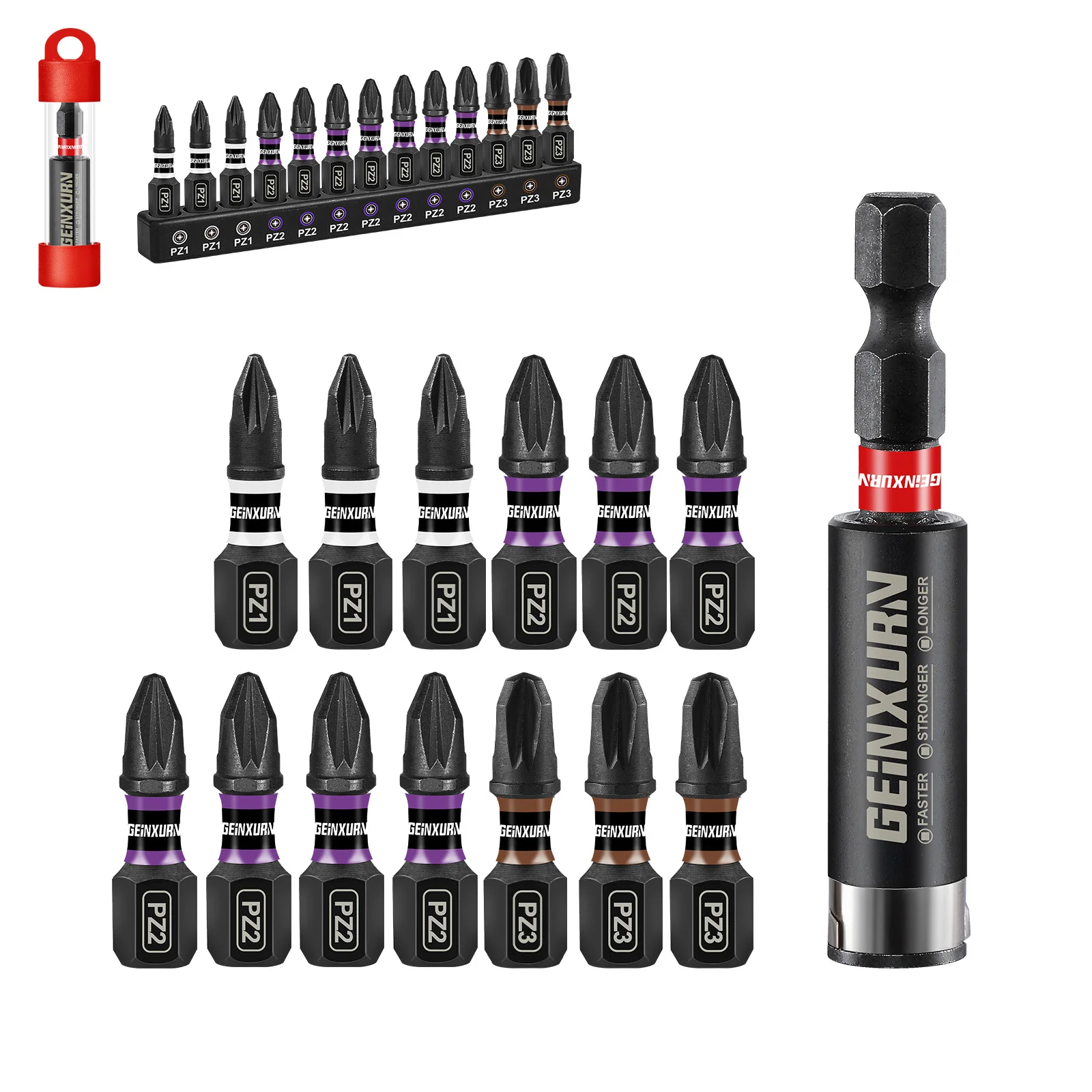 

Geinxurn Impact Pozidriv Screwdriver Bits Set(PZ1/2/3), 1” Magnetic S2 Steel Bits Set and Bit Holder with Color Coded Base