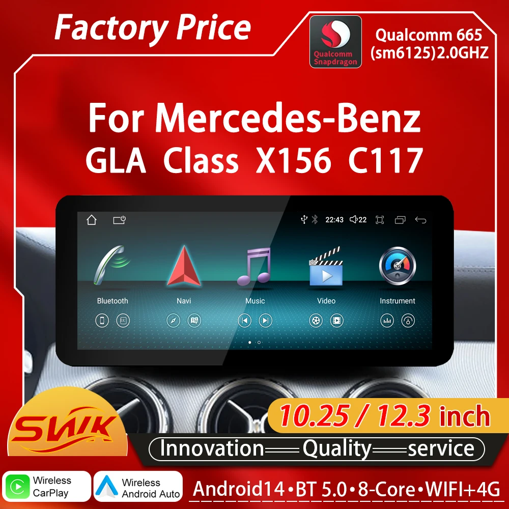 

Беспроводной CarPlay Auto GPS Qualcomm Snapdragon 665 для Mercedes Benz GLA X156 C117, радио Android14, автомобильные видеоплееры, мультимедиа