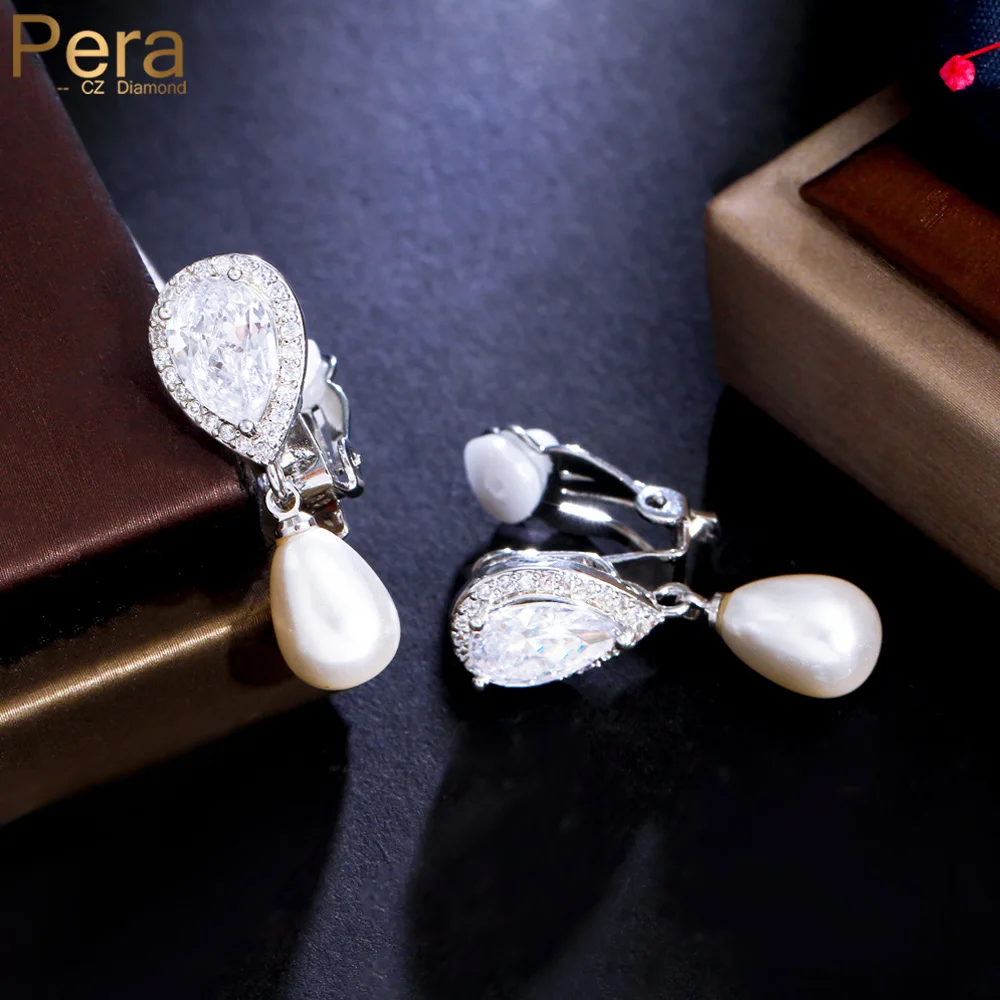 Pera Shiny Cubic Zirconia Pave Tear Drop Shape Dangling Pearl Non Pierced Ear Clips on Earrings for Women Without Hole E136