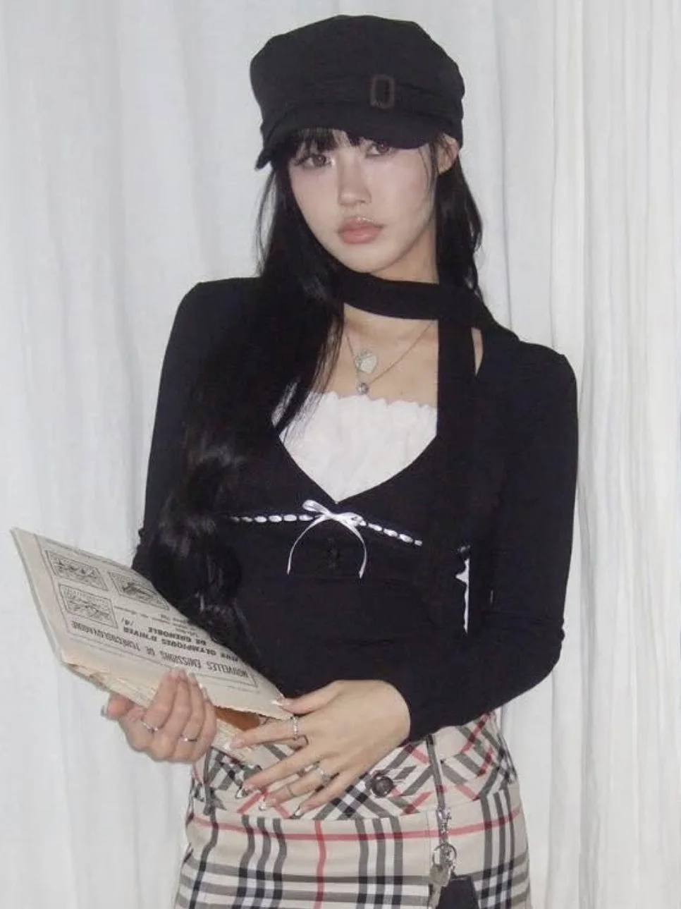 Spring Angel Number 555 Ribbon Scarf Long Sleeve Top Korean Style  Knot Color Block Straight Cut V-Neck Regular Fit