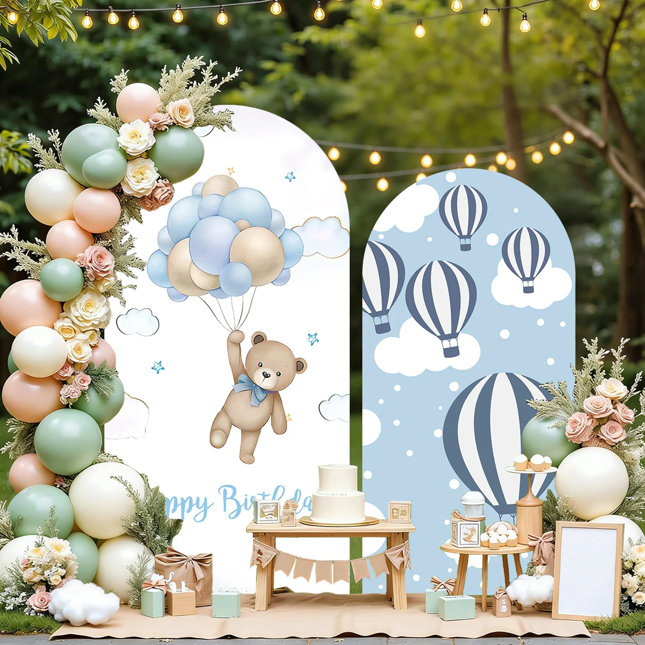 Mehofond Custom Bear Hot Air Balloon Birthday Chiara Wall Cover Arch Background Baby Shower Party Decor Backdrop Photo Doublesid
