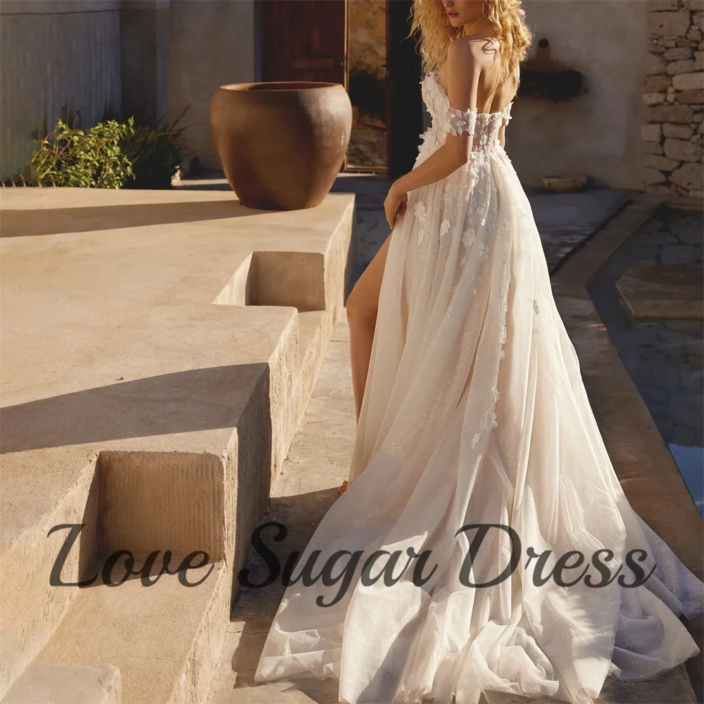 

Ivory Lace Wedding Dress Elegant A Line Side Slit Bride Dresses Off Shoulder Sweetheart Long Train Bridal Gown vestido femininos