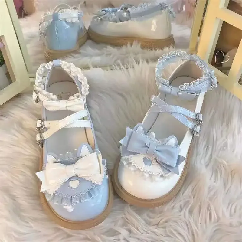 Buty damskie z okrągłym noskiem gotyckie niebieskie Mary Jane słodkie Kawaii styl japoński Lolita damskie płaskie wiosenne modne koreańskie