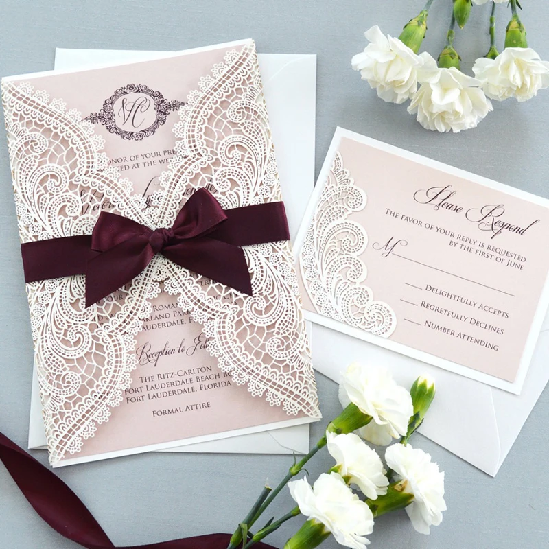 

(50 pieces/lot) Lace Flower Muslim White Wedding Invitation Card Customize Print Bridal Shower Invitations With Reply Card IC141