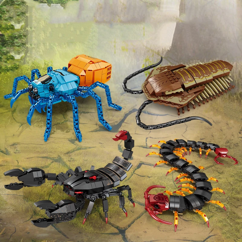 Figuras divertidas de animales alegría, insectos, escorpión, araña, trilobitos, ciempiés, modelo de bloques de construcción, juguetes educativos para niños