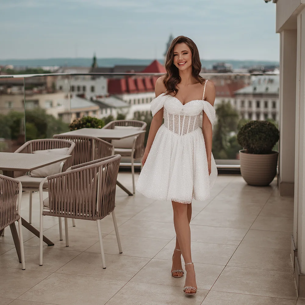 

Women vestido de noiva Sweetheart Collar Sequins Sparkly Strapless Wedding Party Dress Short Mini Backless Wedding Bridal Gown