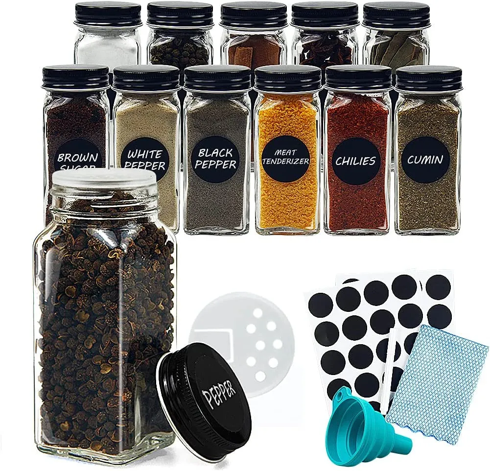 12-teiliges Glas-Gewürzgläser-Set mit Gewürzetiketten, leere quadratische Gewürzgläser – Streugläser mit versiegelten Metalldeckeln – zusammenklappbarer Silikon-Trichter – Detail 8