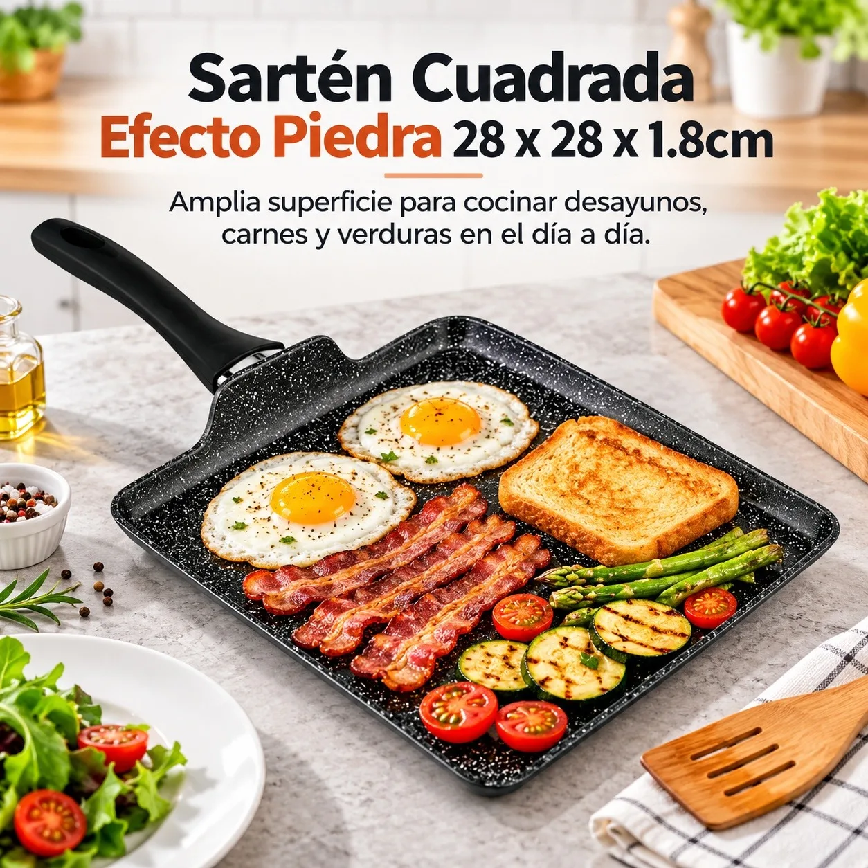 Sartén Cuadrada de Aluminio Forjado con Efecto Piedra 28x28x1.8cm, Plancha Antiadherente para Inducción, Gas y Vitrocerámica, Mango Ergonómico para Cocina de Carnes y Verduras