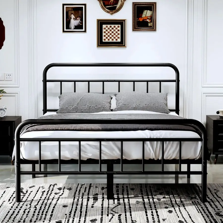 

Металлический каркас кровати, каркас кровати размера «фулл» с мягким изголовьем, прочная и надежная основа для матраса, простая сборка, без пружинного блока