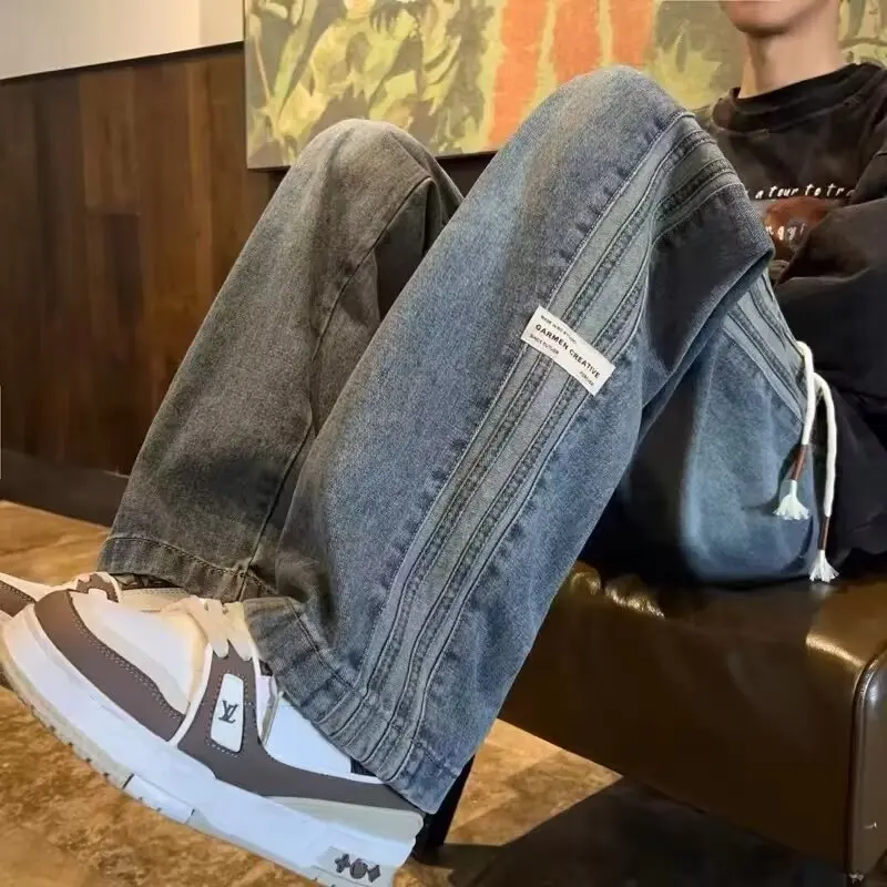 

Striped Jeans Men Spring Summer Denim Jeans Vintage Baggy Pants Women Elastic Waist Loose Straight Pants Fashion Men Trousers