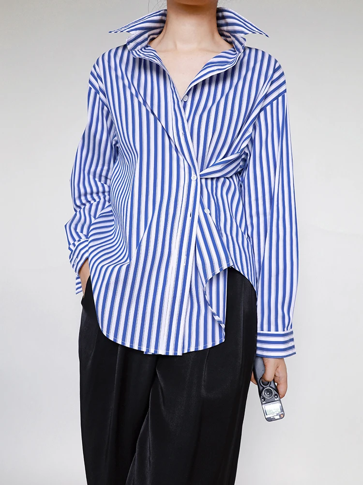 

Yans Spring Stripe Long Sleeve Loose Women's Shirt French Style Comfortable Breathable Cotton Lazy Two-Way Shape Quality