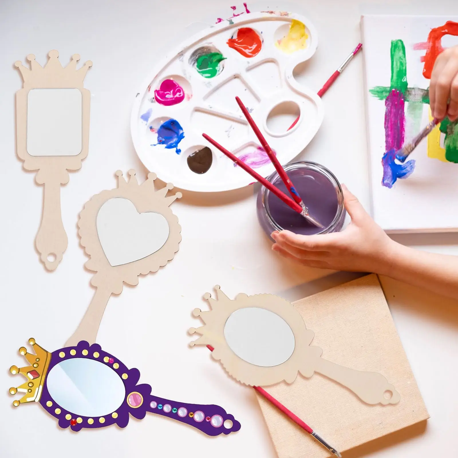 

1 Set Small Mirror Children Wooden Mirror Toy Unfinished Handheld DIY Painting Mirrors Craft Princess Small Blank Handle Mirror