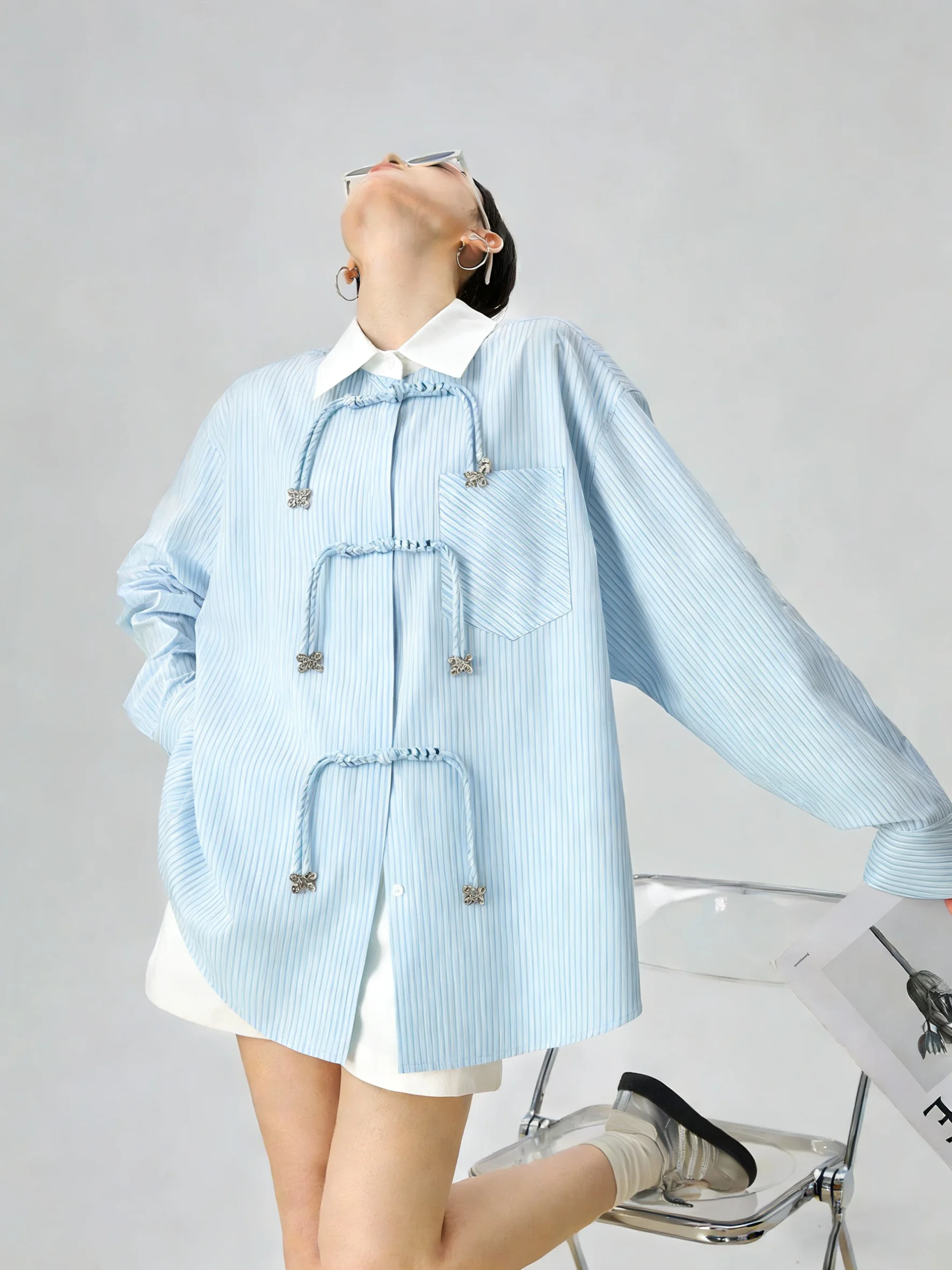 

New Chinese Sle Blue Striped Button Tassel irt Women's Beautiful Unique Spring 2026 Casual Loose Long Sve irt