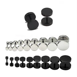 1 Pairs Man Women Earring Flat Round Barbell Punk Gothic Stainless Steel Ear Studs Black Siver Ear Jewelry