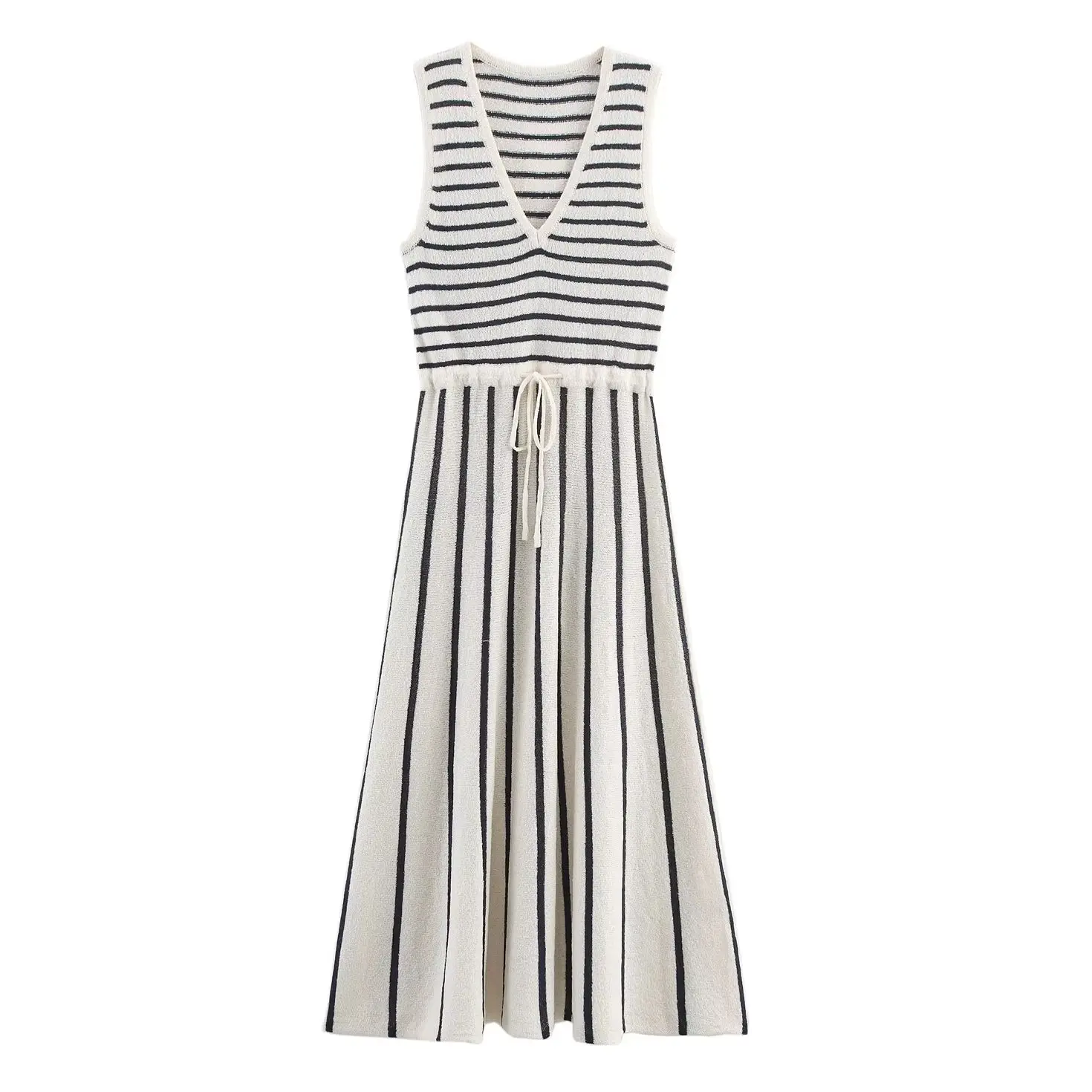 KONDALA Chic Striped Elegant Knit V-Neck Woman Dress Fashion 2025 Streetwear Knit Dress High Waist Casual Y2K Mujer Vestidos