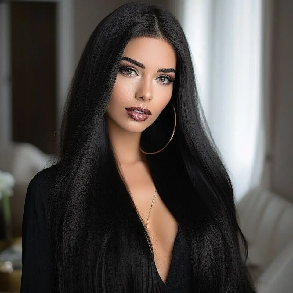 

New Women's Long Black Straight Full Capless Wigs 24 Inch Perücken