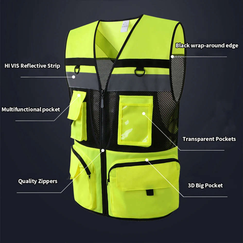 Reflective Safety Vests High Visibility Security Working Clothes Construction Worker Traffic Outdoor Fluorescent Hi Vis Workwear