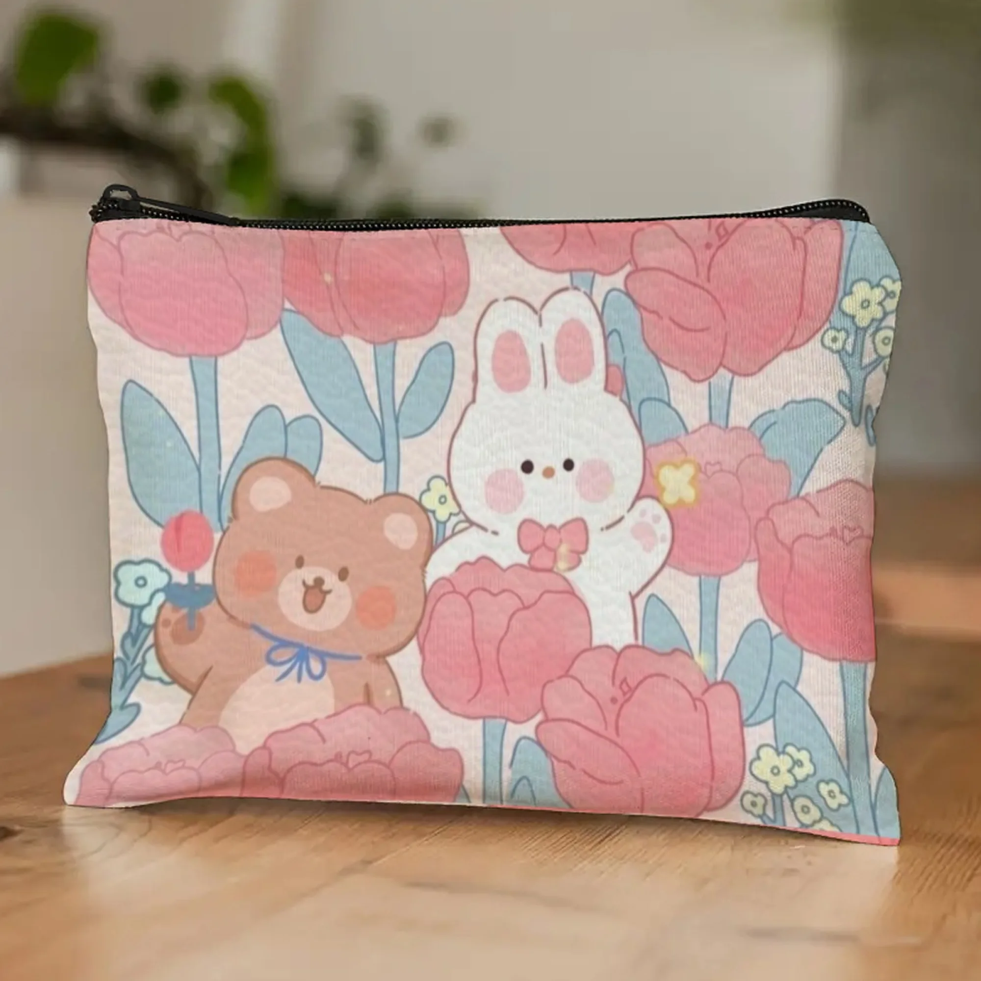 Kawaii Bear & Rabbit Tulip Cosmetic Pouch Cute Makeup Organizer for Travel Adorable Bag for Girls & Teenagers Beauty Storage