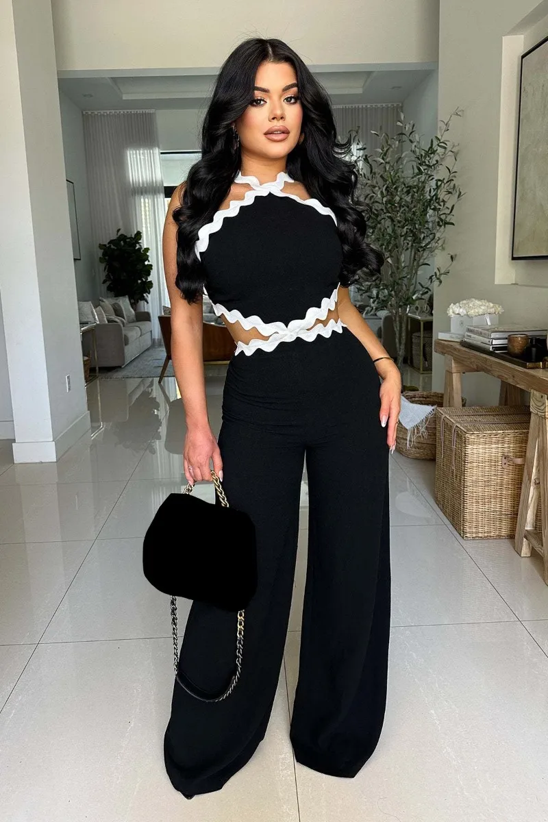 

KEXU Sexy Halter Neck Wave White Side Backless Sleeveless Women Jumpsuits 2025 Summer Holiday One Piece Set Streetwear Outfits