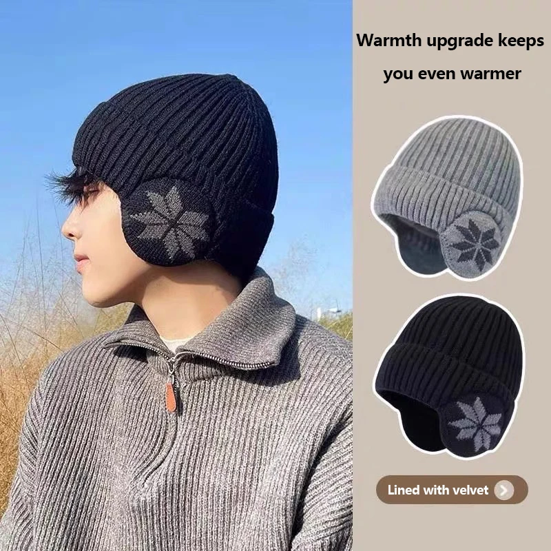 

Outdoor Men Winter Knitted Hat Plush Warmth Peaked Cap Earmuff Casual Fashion Faux Fur Lined Bomber Hats Cycling Ear Protection