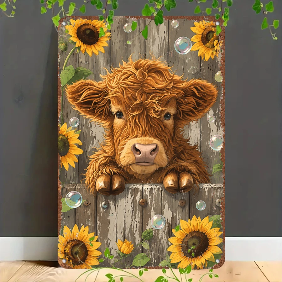 2D flat retro metal tin plate,  Cute Highland Cow Sunflower Tin Sign, Suitable for home, garage, café, bar and garden decoration