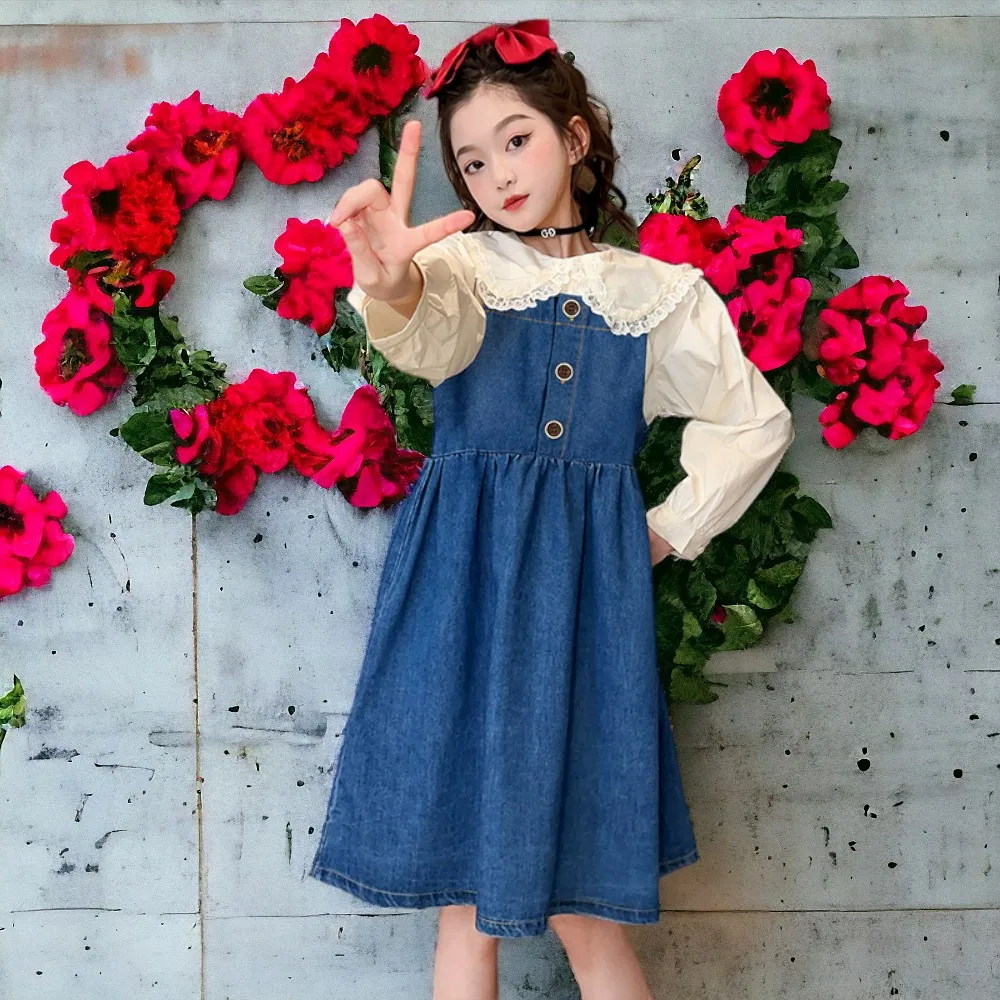 Kids Clothes for Children's Clothing Set  School Suit Baby Outfits Long Sleeve Shirt & Denim Dress 2pcs Spring Vestidos 6 8 10 Y