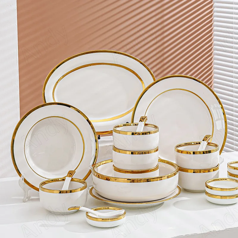 European Ceramic Plate Set Gold Stroke Decor Living Room Dinner Set Plates and Dishes Creative Western Restaurant Steak Dish