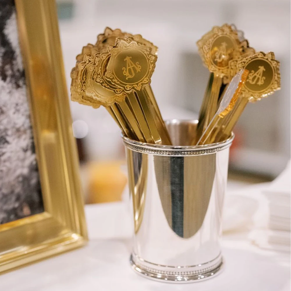 Custom Initials Drink Stirrers, Golden Mirror Plexiglass Monogram Cocktail Sticks, Wedding & Party Decor