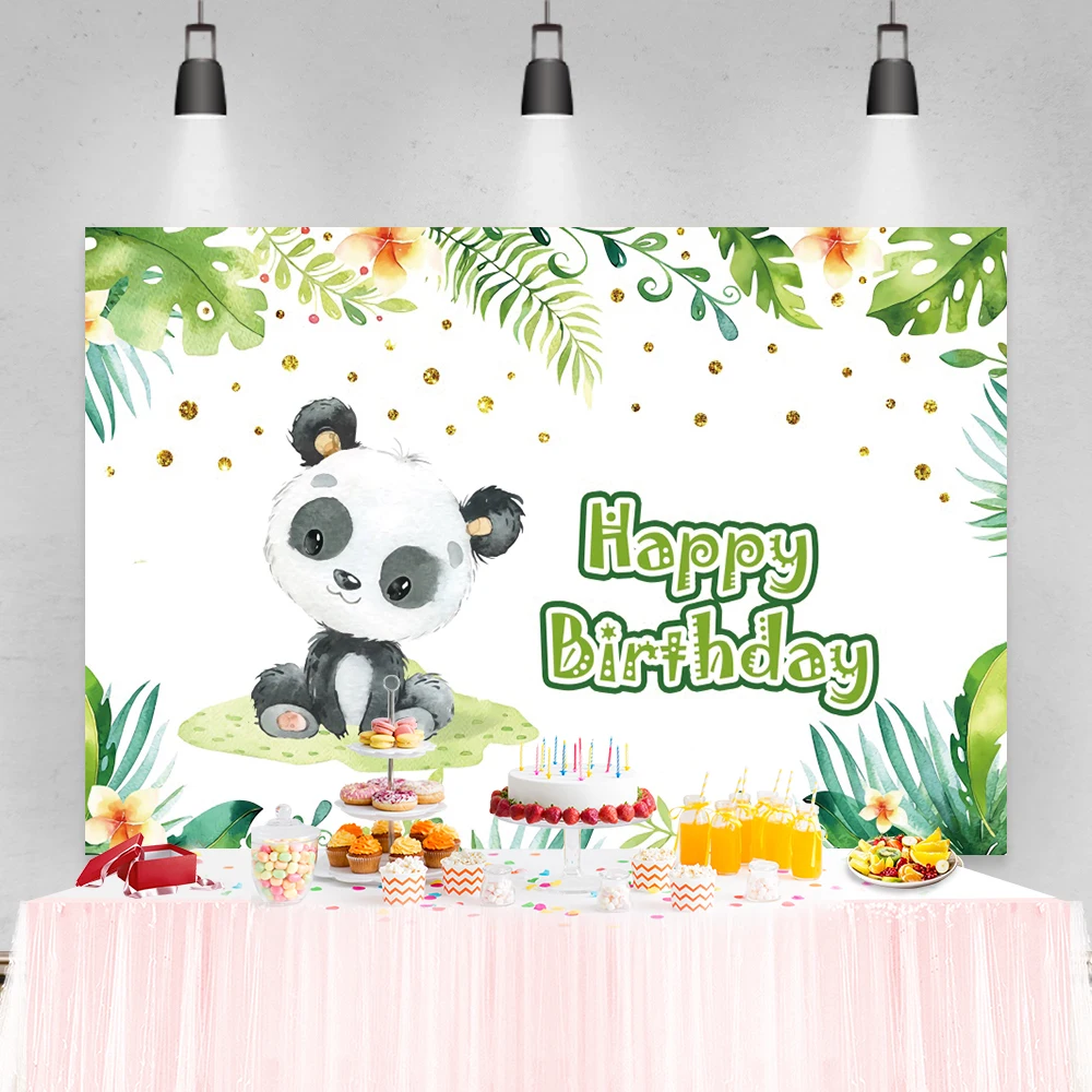 Laeacco كارتون الباندا حفلة عيد ميلاد الطفل الأخضر الخيزران مخصص راية ملصق خلفية التصوير خلفية استوديو الصور