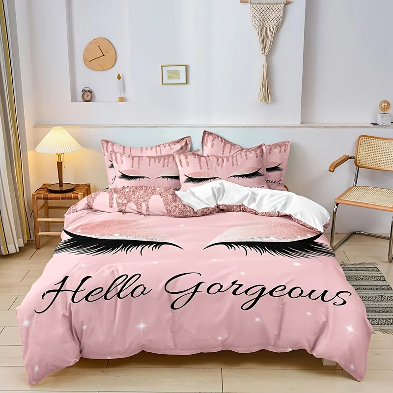 3pcs Duvet Cover Set, Fashion Eye Lash Pattern Bedding Set, Soft Duvet Cover, For Wedding Anniversary, For Bedroom, Guest Room