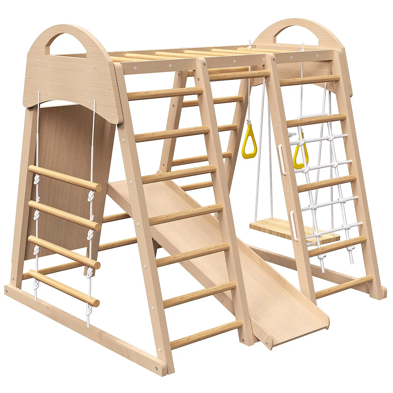 7-in-1-Indoor-Dschungel-Fitnessspielset für Kinder von 2 bis 6 Jahren – Rutsche, Kletterwand, Schaukel, Affenstangen – Montessori-Holzspielplatz