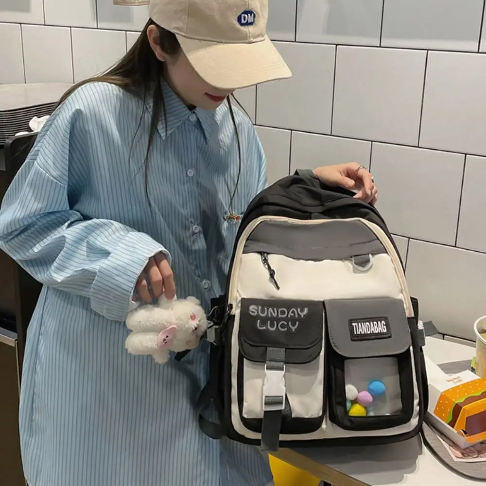 

Trendy Nylon Large Capacity Backpack Double Zipper Commute Korean Style School Bag Canvas with Bear Pendant Casual Knapsack Kids