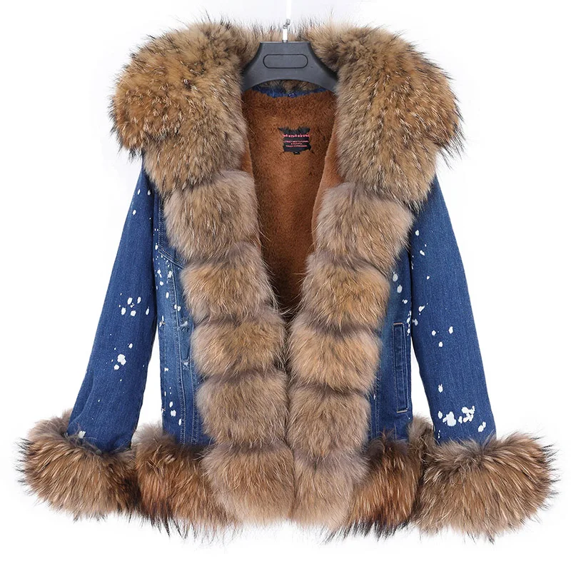 

Maomaokong Removable Lining Luxurious Natural Raccoon fur collar Denim coat winter casual warm fashion short fur jacket Women