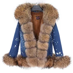 Maomaokong Removable Lining Luxurious Natural Raccoon fur collar Denim coat winter casual warm fashion short fur jacket Women