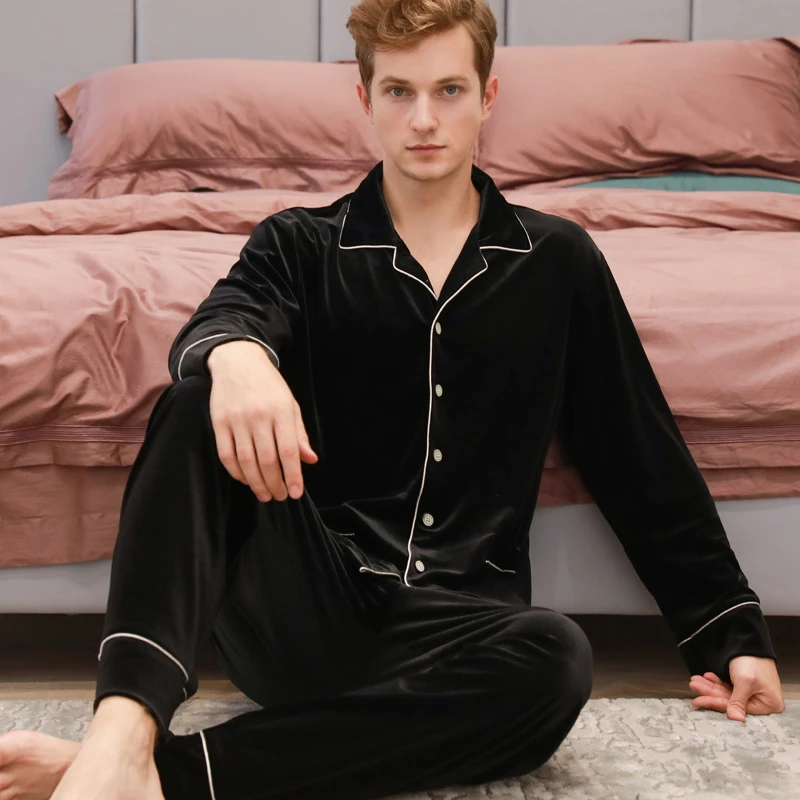 

Autumn New Male Velvet Sleepwear Pajamas Set Men Velour Long Sleeve Trouser Pijama Suit Pocket Loose Elastic Waist Homewear